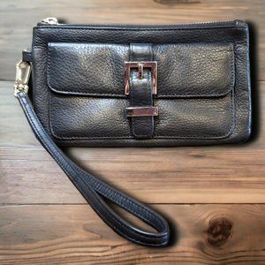 Express Black Leather Zippered Clutch Wristlet w/ Strap & Front Pocket, 8" X 4"